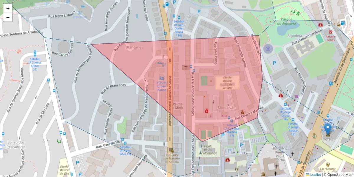 Mapa detalhado do código postal 2900-089 com limites, códigos postais vizinhos e agências dos correios
