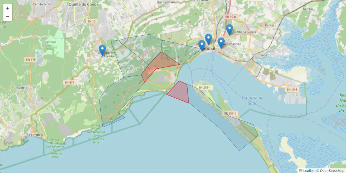 Mapa detalhado do código postal 2900-182 com limites, códigos postais vizinhos e agências dos correios