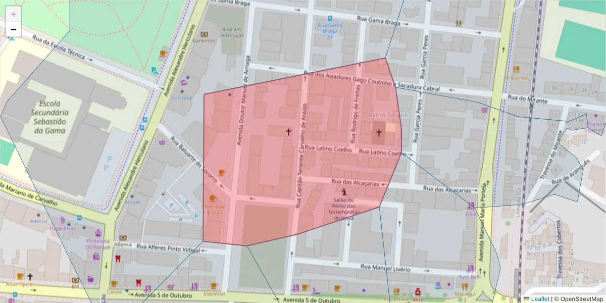 Mapa detalhado do código postal 2900-201 com limites, códigos postais vizinhos e agências dos correios