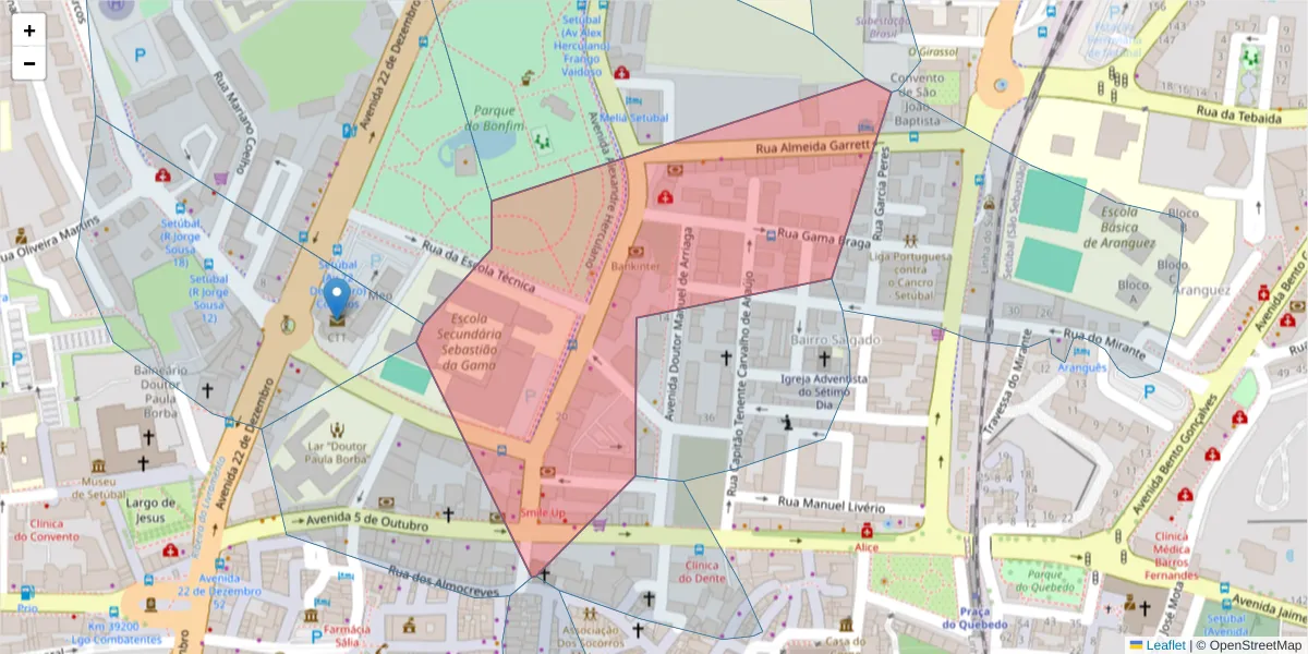 Mapa detalhado do código postal 2900-205 com limites, códigos postais vizinhos e agências dos correios
