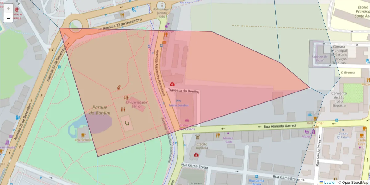 Mapa detalhado do código postal 2900-206 com limites, códigos postais vizinhos e agências dos correios
