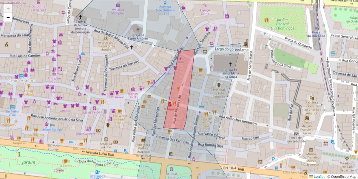 Mapa detalhado do código postal 2900-229 com limites, códigos postais vizinhos e agências dos correios
