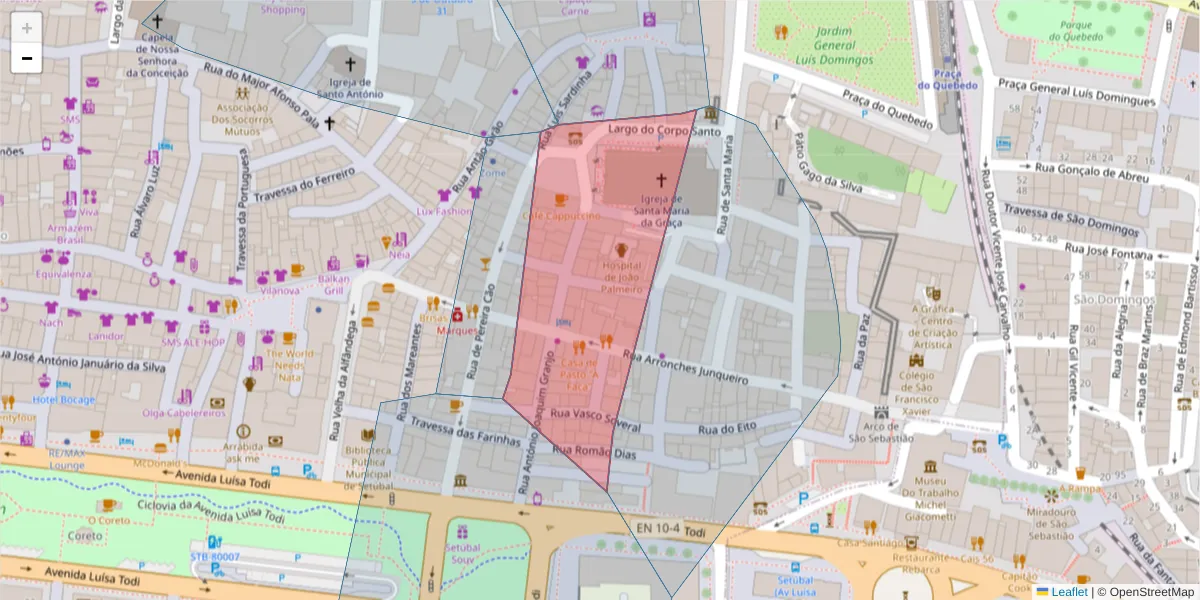 Mapa detalhado do código postal 2900-248 com limites, códigos postais vizinhos e agências dos correios