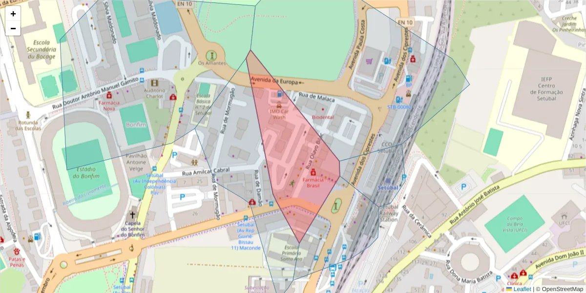 Mapa detalhado do código postal 2900-285 com limites, códigos postais vizinhos e agências dos correios