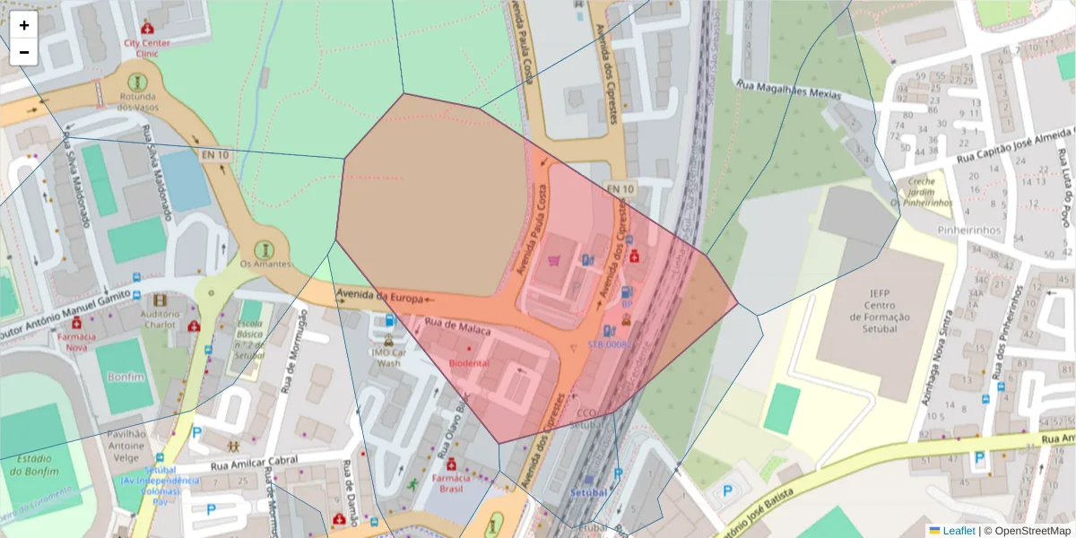 Mapa detalhado do código postal 2900-320 com limites, códigos postais vizinhos e agências dos correios