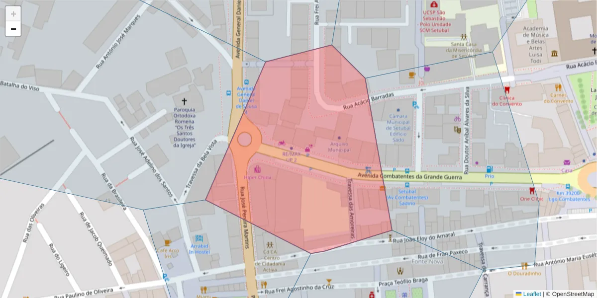 Mapa detalhado do código postal 2900-328 com limites, códigos postais vizinhos e agências dos correios