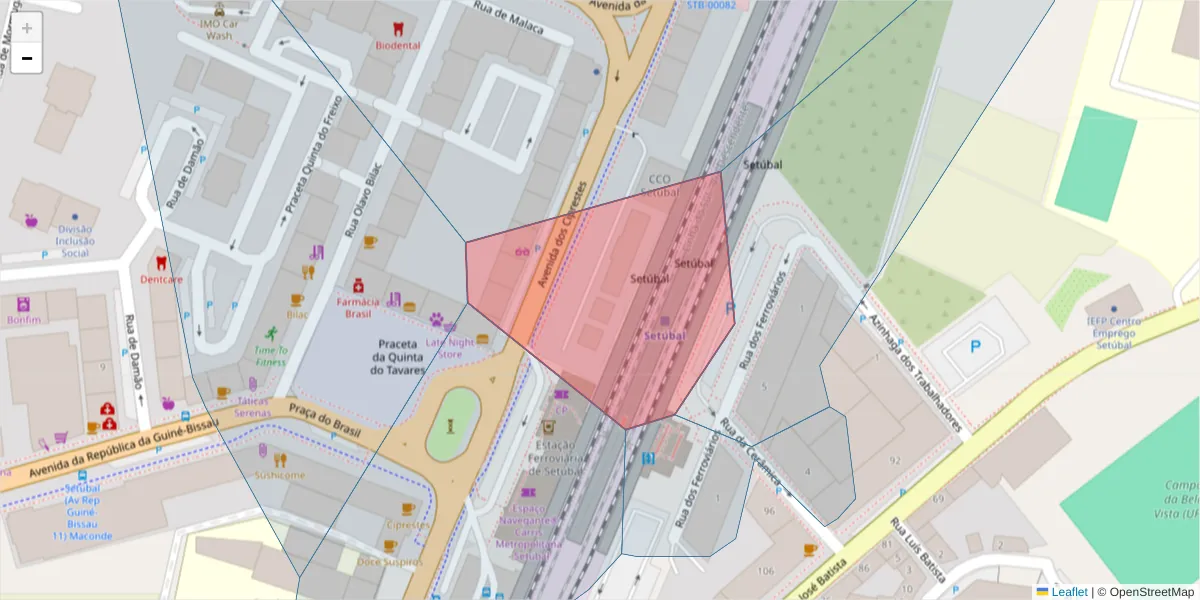 Mapa detalhado do código postal 2900-338 com limites, códigos postais vizinhos e agências dos correios