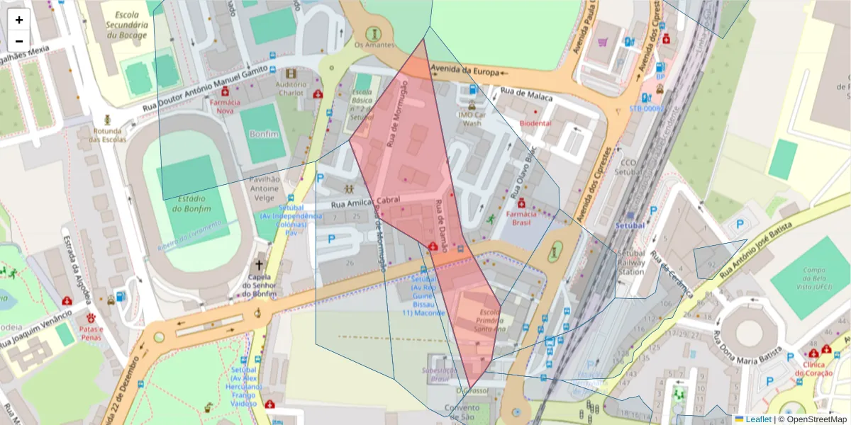 Mapa detalhado do código postal 2900-340 com limites, códigos postais vizinhos e agências dos correios