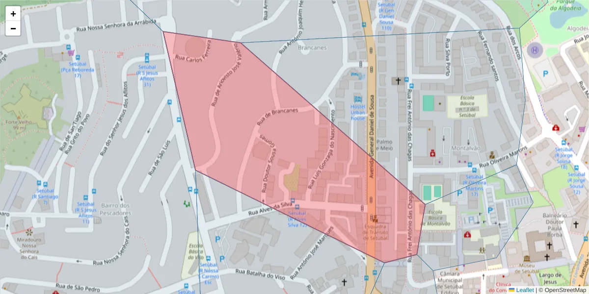 Mapa detalhado do código postal 2900-343 com limites, códigos postais vizinhos e agências dos correios