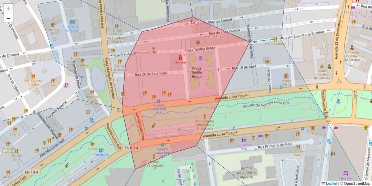 Mapa detalhado do código postal 2900-455 com limites, códigos postais vizinhos e agências dos correios