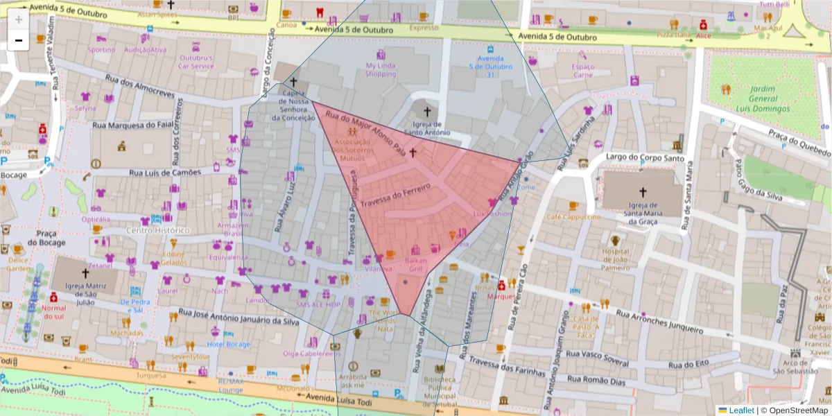 Mapa detalhado do código postal 2900-502 com limites, códigos postais vizinhos e agências dos correios