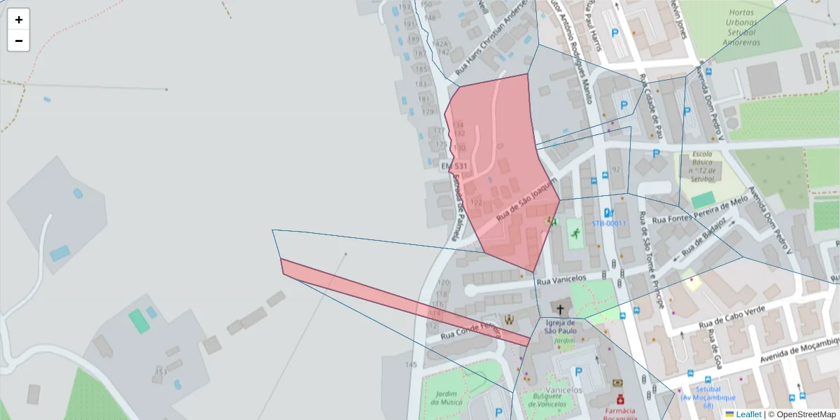 Mapa detalhado do código postal 2900-531 com limites, códigos postais vizinhos e agências dos correios