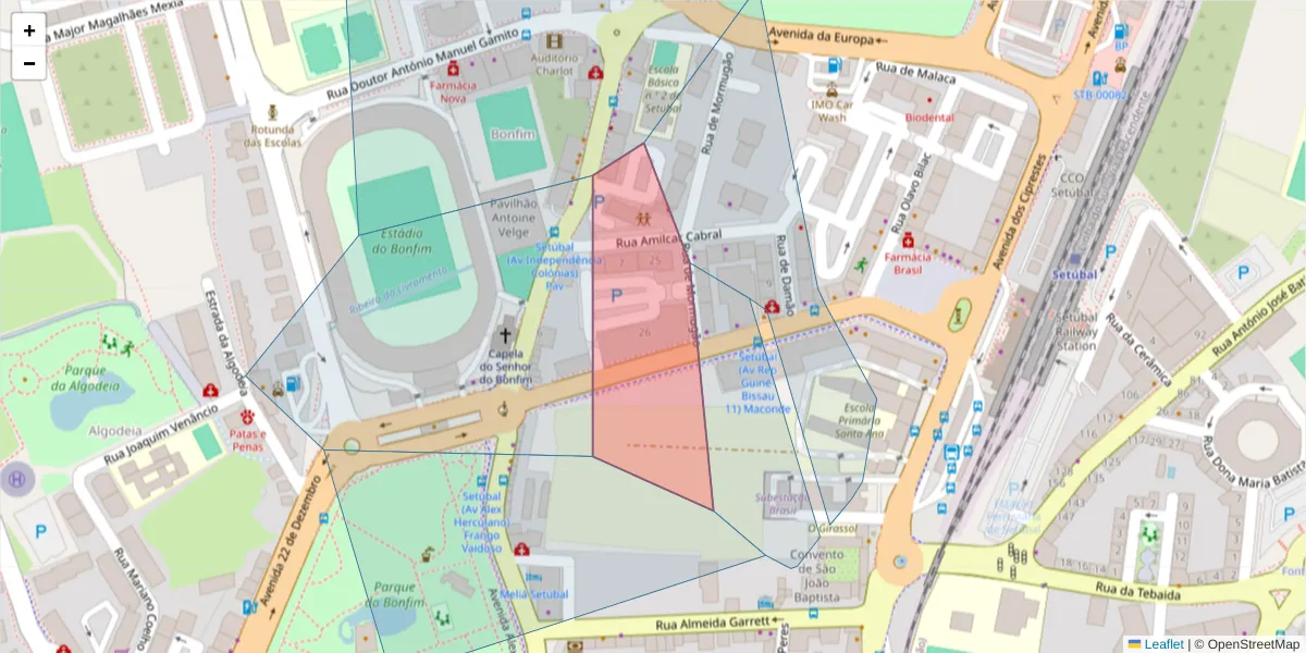 Mapa detalhado do código postal 2900-588 com limites, códigos postais vizinhos e agências dos correios