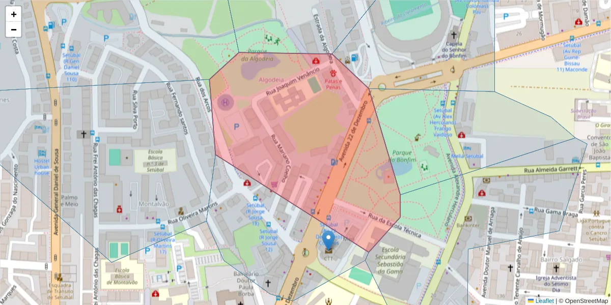Mapa detalhado do código postal 2900-670 com limites, códigos postais vizinhos e agências dos correios
