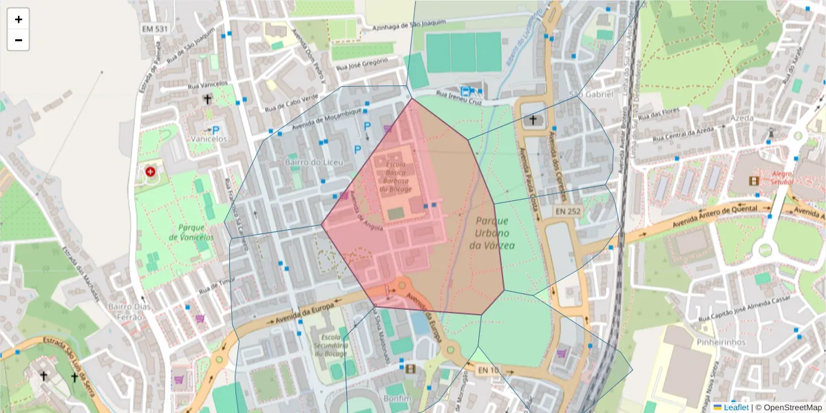 Mapa detalhado do código postal 2900-731 com limites, códigos postais vizinhos e agências dos correios
