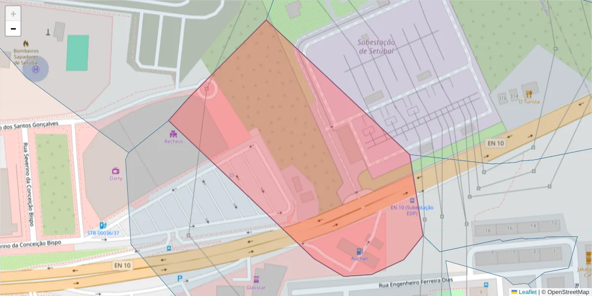 Mapa detalhado do código postal 2910-000 com limites, códigos postais vizinhos e agências dos correios