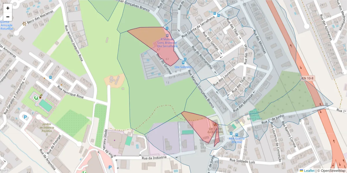 Mapa detalhado do código postal 2910-020 com limites, códigos postais vizinhos e agências dos correios