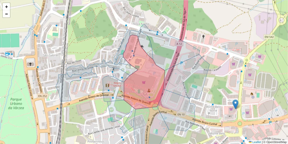 Mapa detalhado do código postal 2910-031 com limites, códigos postais vizinhos e agências dos correios