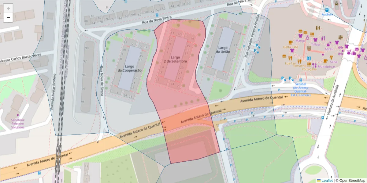 Mapa detalhado do código postal 2910-032 com limites, códigos postais vizinhos e agências dos correios