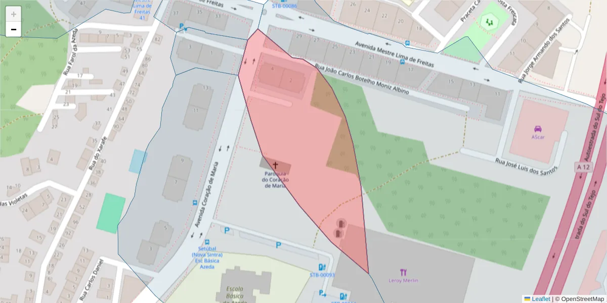Mapa detalhado do código postal 2910-035 com limites, códigos postais vizinhos e agências dos correios