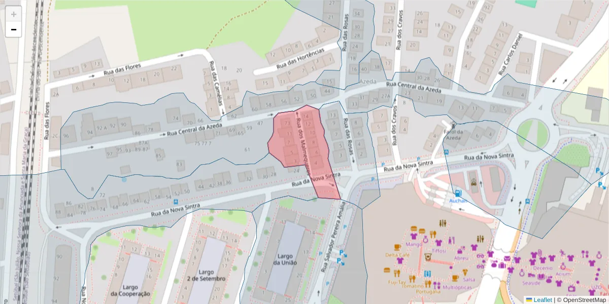 Mapa detalhado do código postal 2910-036 com limites, códigos postais vizinhos e agências dos correios