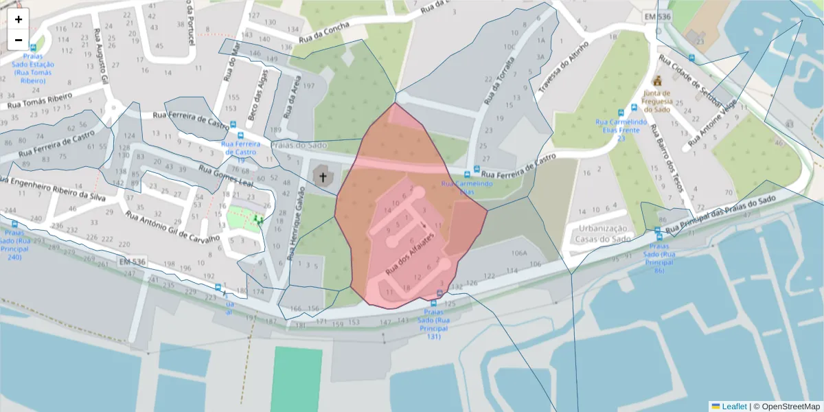 Mapa detalhado do código postal 2910-044 com limites, códigos postais vizinhos e agências dos correios