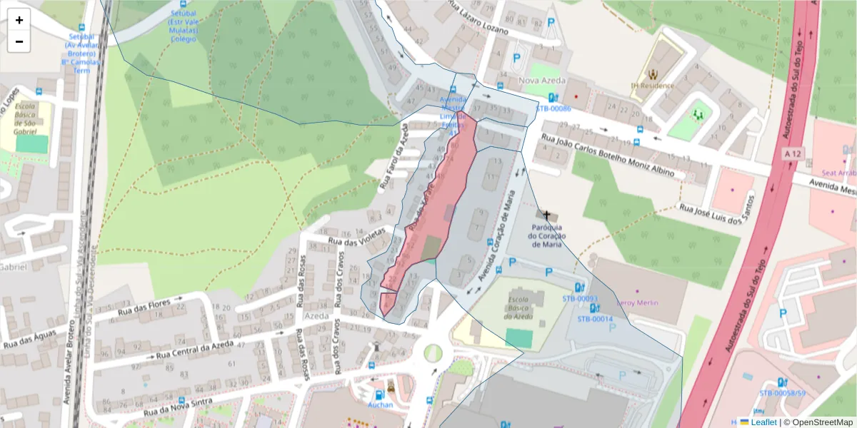 Mapa detalhado do código postal 2910-047 com limites, códigos postais vizinhos e agências dos correios
