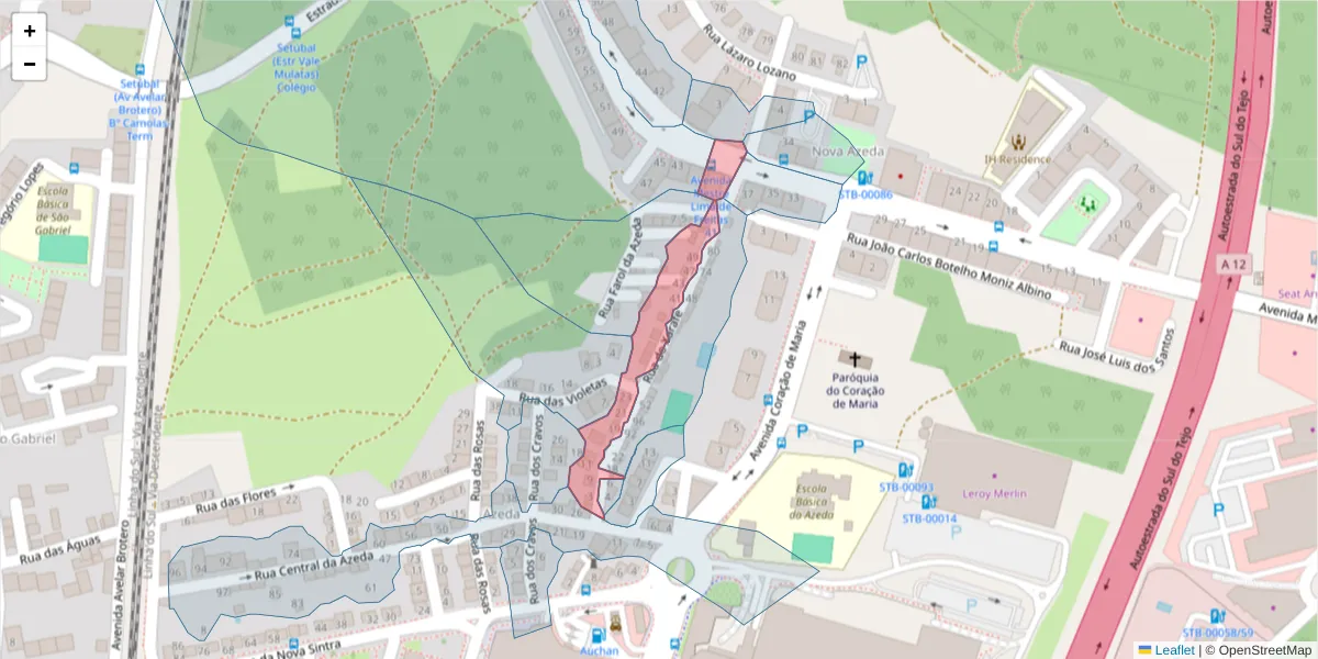 Mapa detalhado do código postal 2910-048 com limites, códigos postais vizinhos e agências dos correios