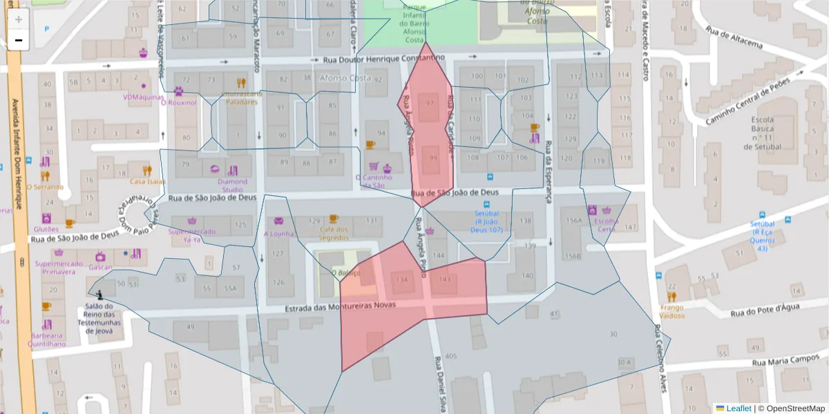 Mapa detalhado do código postal 2910-049 com limites, códigos postais vizinhos e agências dos correios