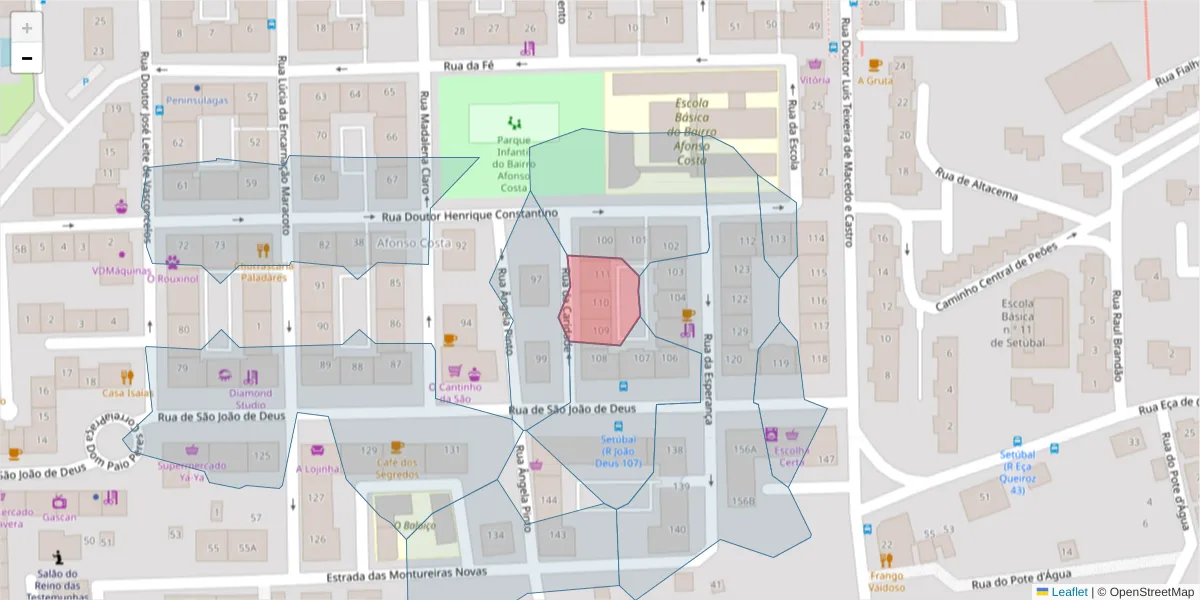 Mapa detalhado do código postal 2910-050 com limites, códigos postais vizinhos e agências dos correios
