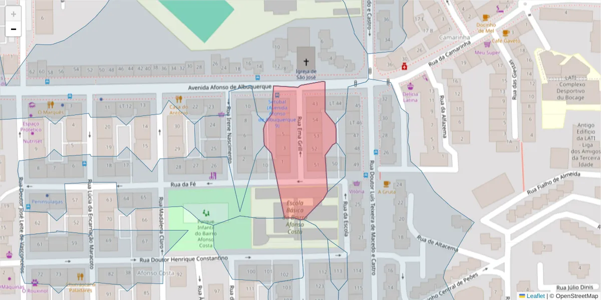 Mapa detalhado do código postal 2910-051 com limites, códigos postais vizinhos e agências dos correios