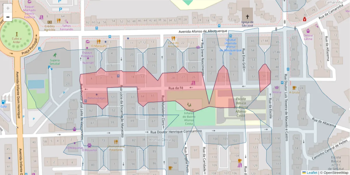 Mapa detalhado do código postal 2910-053 com limites, códigos postais vizinhos e agências dos correios