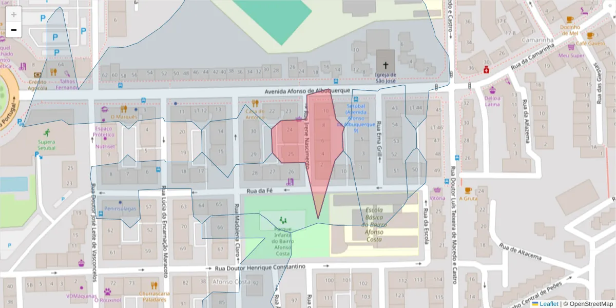 Mapa detalhado do código postal 2910-055 com limites, códigos postais vizinhos e agências dos correios