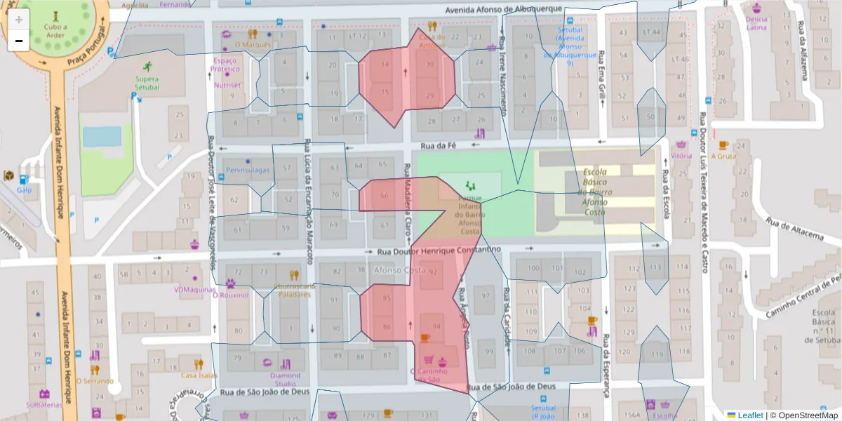 Mapa detalhado do código postal 2910-057 com limites, códigos postais vizinhos e agências dos correios