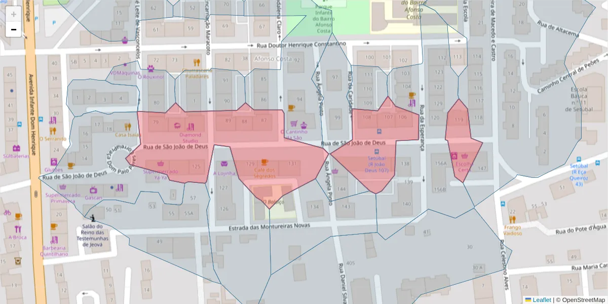 Mapa detalhado do código postal 2910-059 com limites, códigos postais vizinhos e agências dos correios