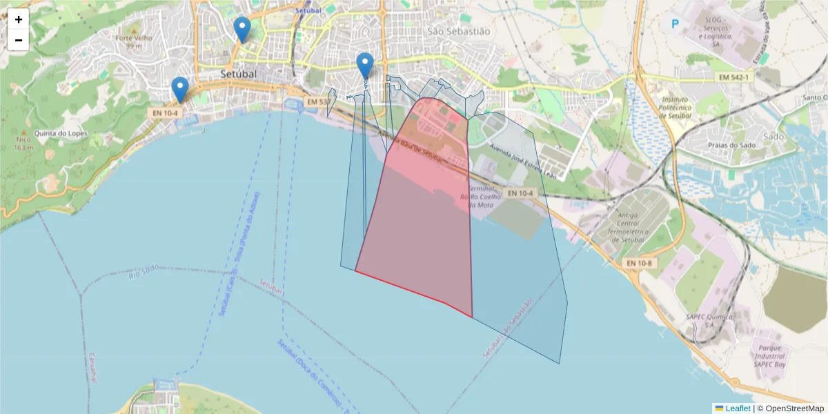 Mapa detalhado do código postal 2910-064 com limites, códigos postais vizinhos e agências dos correios