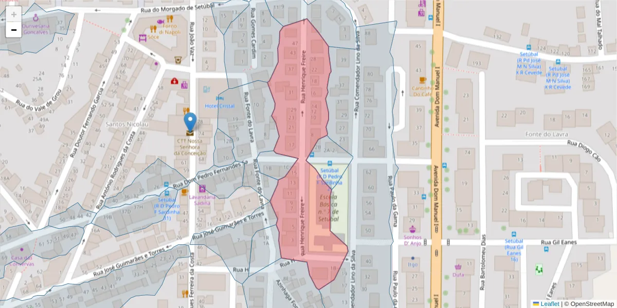 Mapa detalhado do código postal 2910-067 com limites, códigos postais vizinhos e agências dos correios