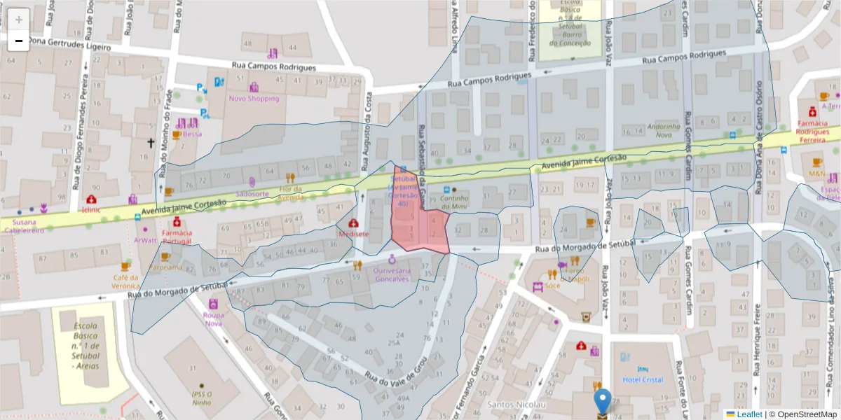 Mapa detalhado do código postal 2910-068 com limites, códigos postais vizinhos e agências dos correios
