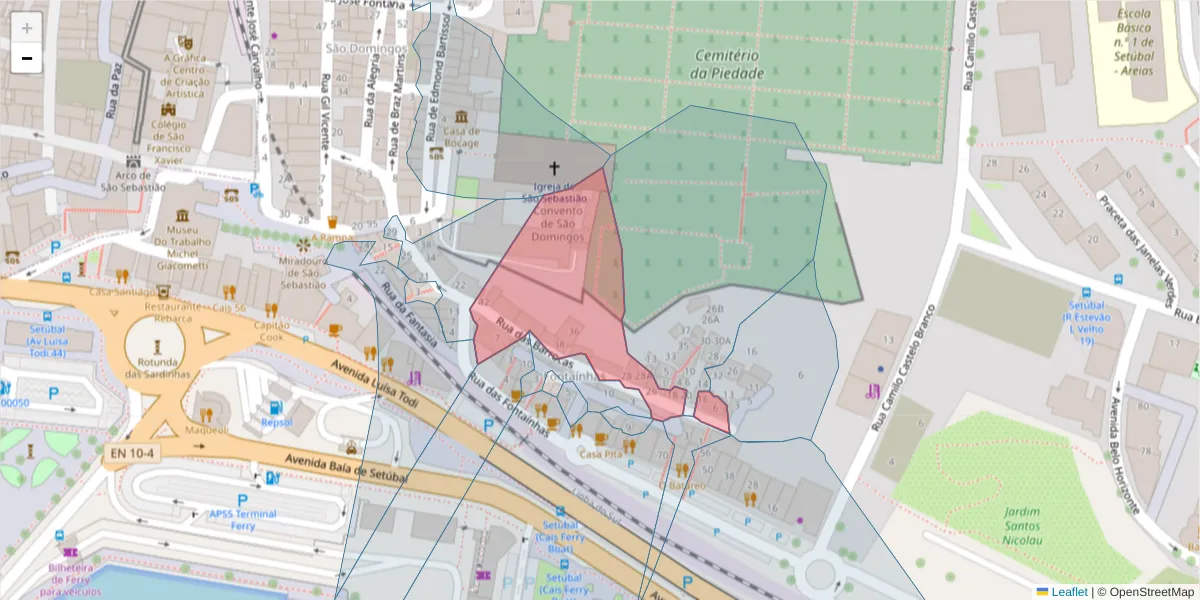 Mapa detalhado do código postal 2910-077 com limites, códigos postais vizinhos e agências dos correios