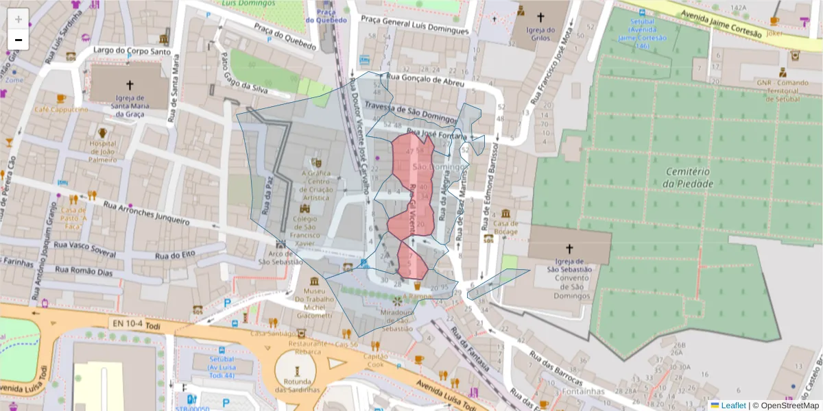 Mapa detalhado do código postal 2910-088 com limites, códigos postais vizinhos e agências dos correios