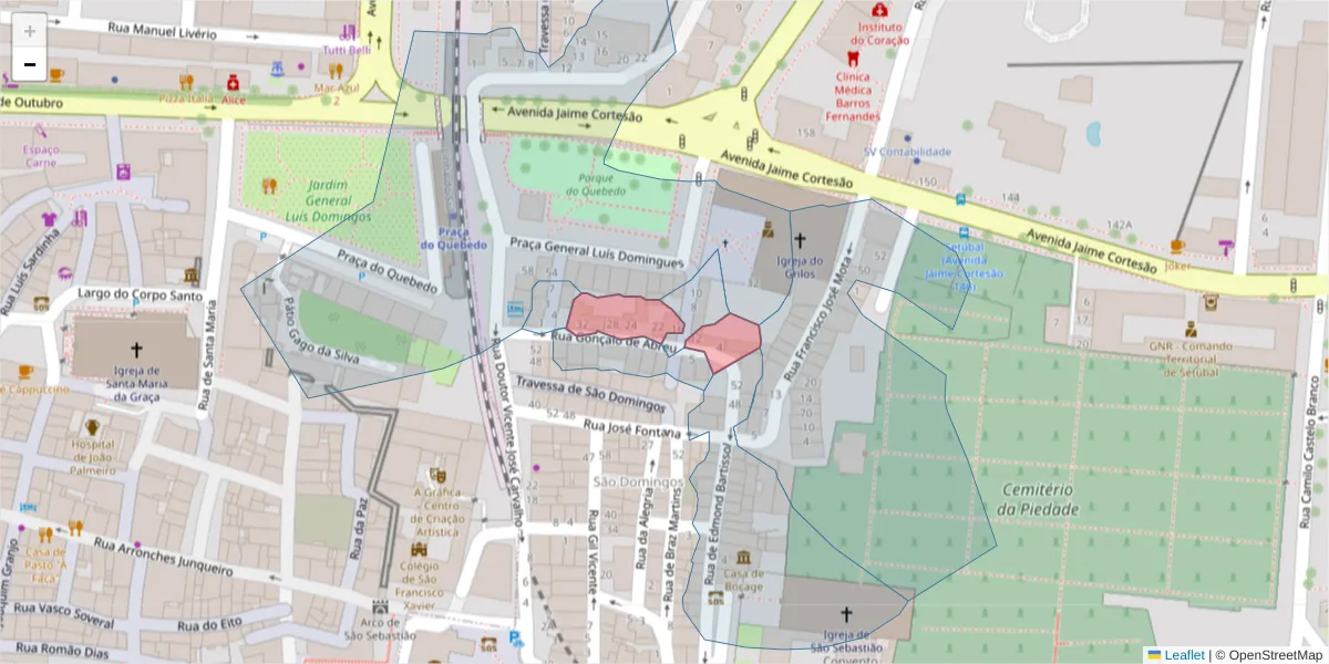 Mapa detalhado do código postal 2910-090 com limites, códigos postais vizinhos e agências dos correios