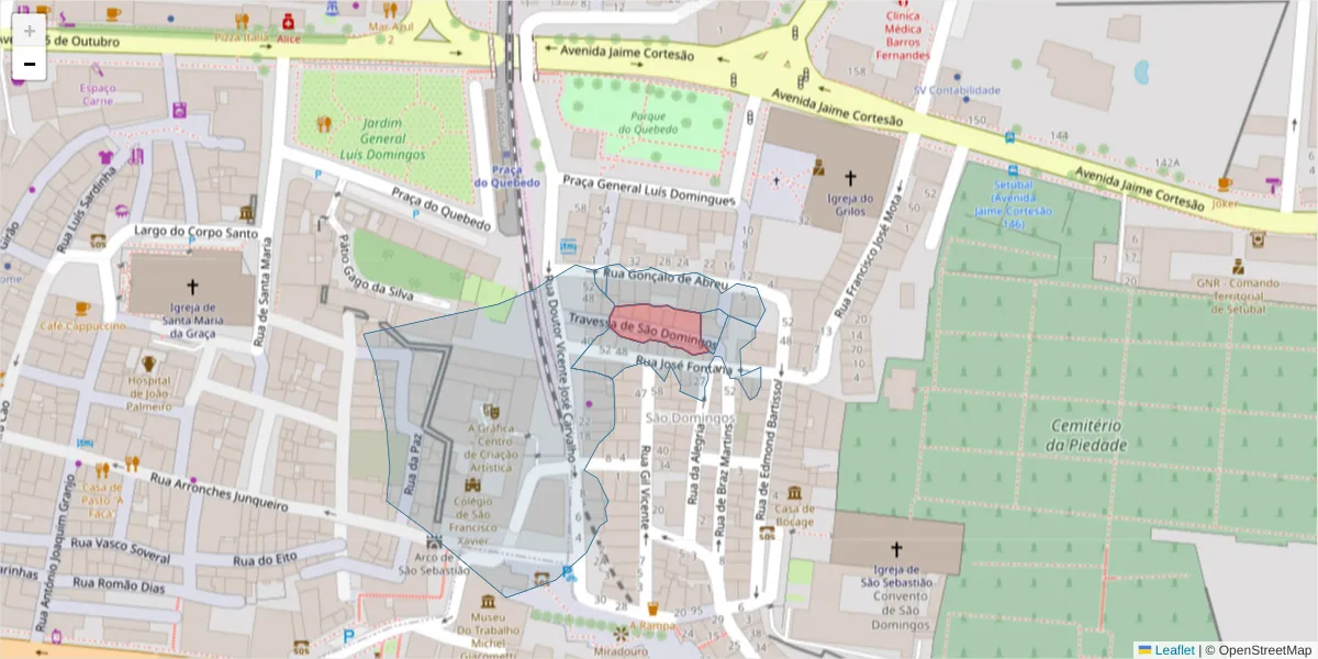 Mapa detalhado do código postal 2910-093 com limites, códigos postais vizinhos e agências dos correios