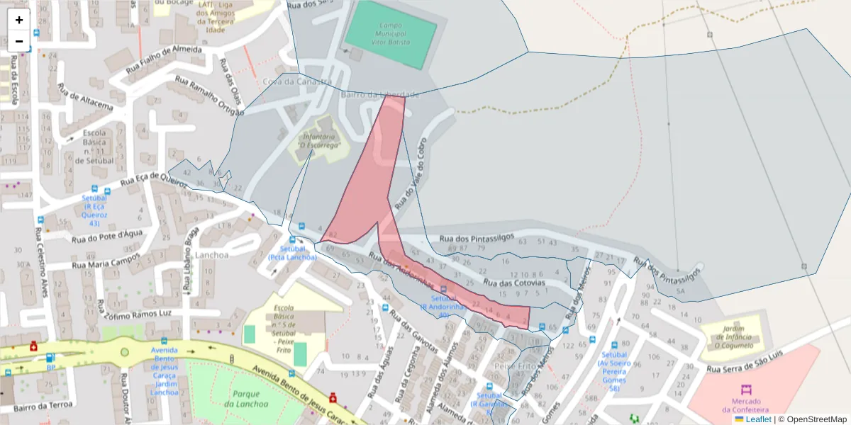 Mapa detalhado do código postal 2910-095 com limites, códigos postais vizinhos e agências dos correios