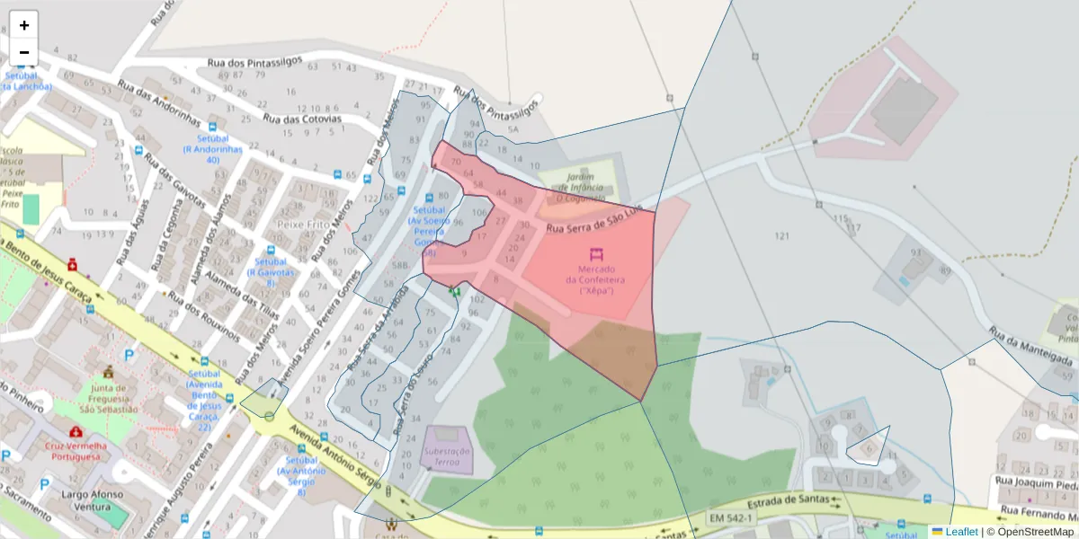 Mapa detalhado do código postal 2910-103 com limites, códigos postais vizinhos e agências dos correios