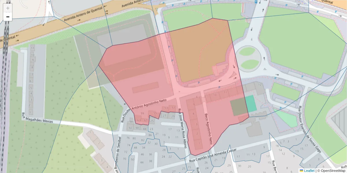 Mapa detalhado do código postal 2910-108 com limites, códigos postais vizinhos e agências dos correios