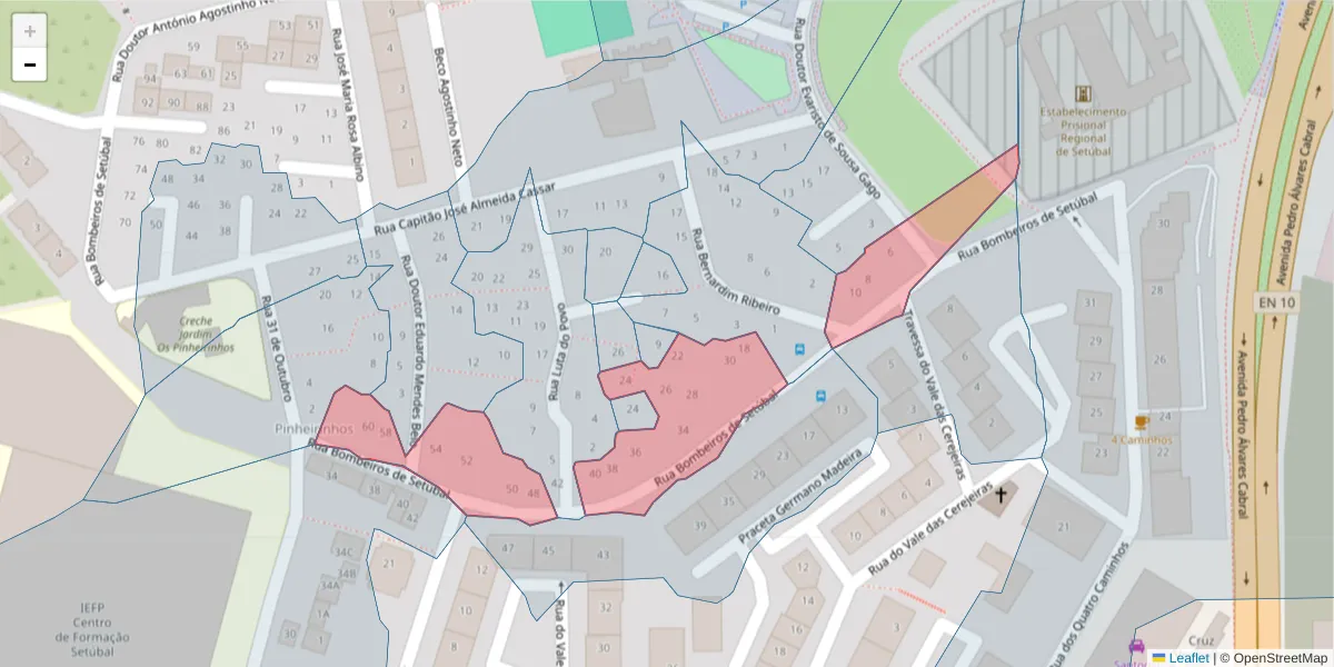Mapa detalhado do código postal 2910-110 com limites, códigos postais vizinhos e agências dos correios