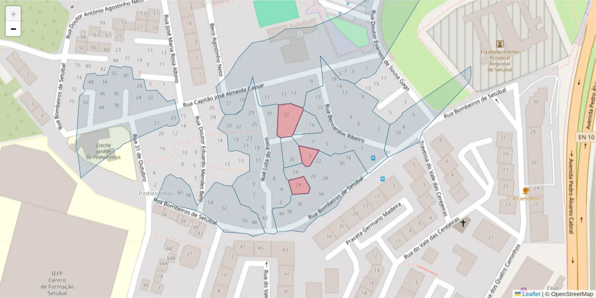 Mapa detalhado do código postal 2910-116 com limites, códigos postais vizinhos e agências dos correios