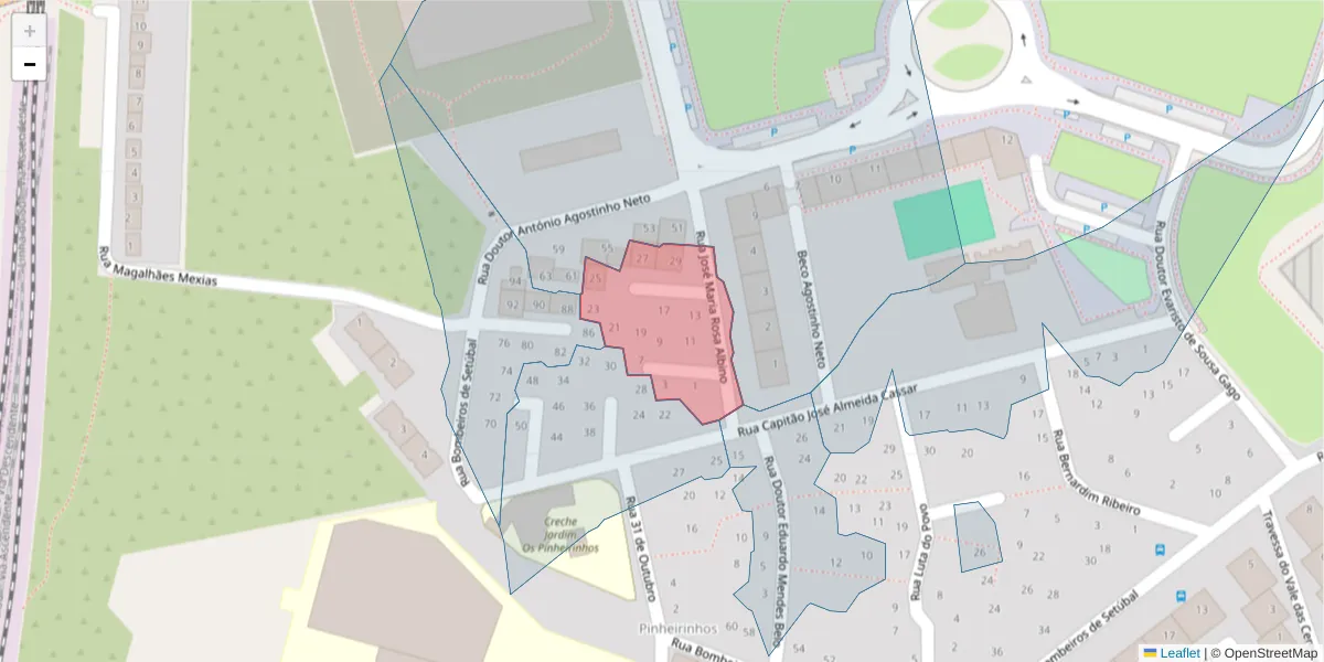 Mapa detalhado do código postal 2910-118 com limites, códigos postais vizinhos e agências dos correios
