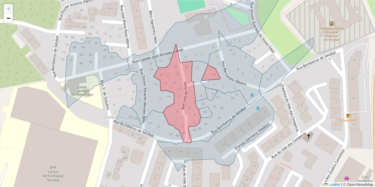 Mapa detalhado do código postal 2910-119 com limites, códigos postais vizinhos e agências dos correios