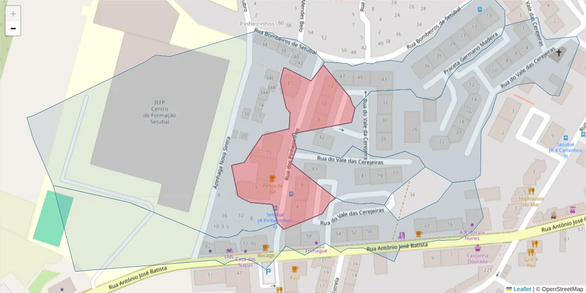 Mapa detalhado do código postal 2910-121 com limites, códigos postais vizinhos e agências dos correios